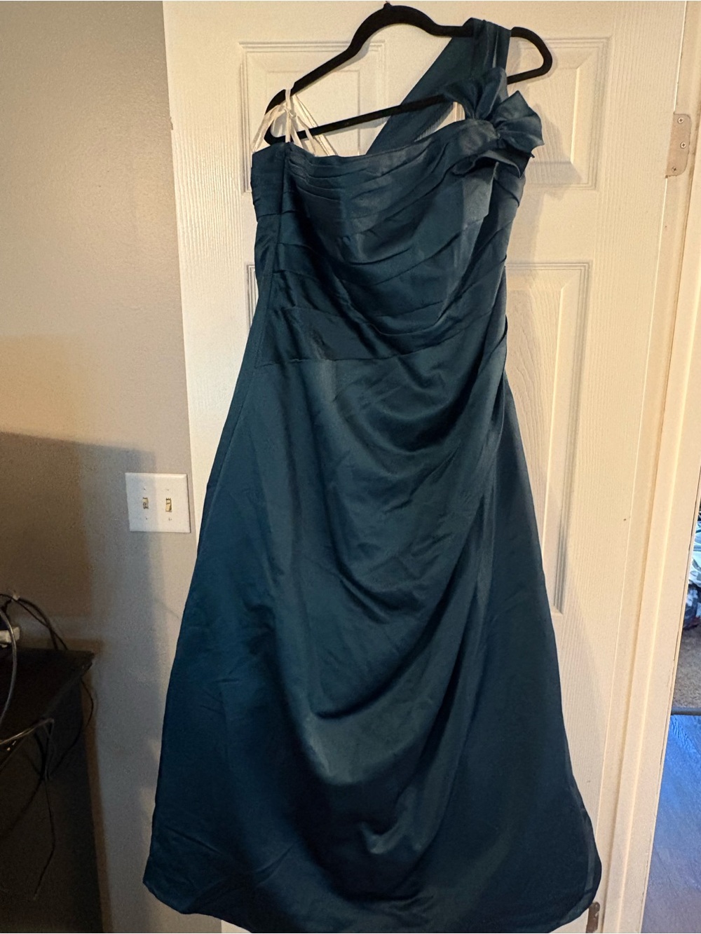 David’s Bridal One-Shoulder Peacock Blue Satin Evening Dress